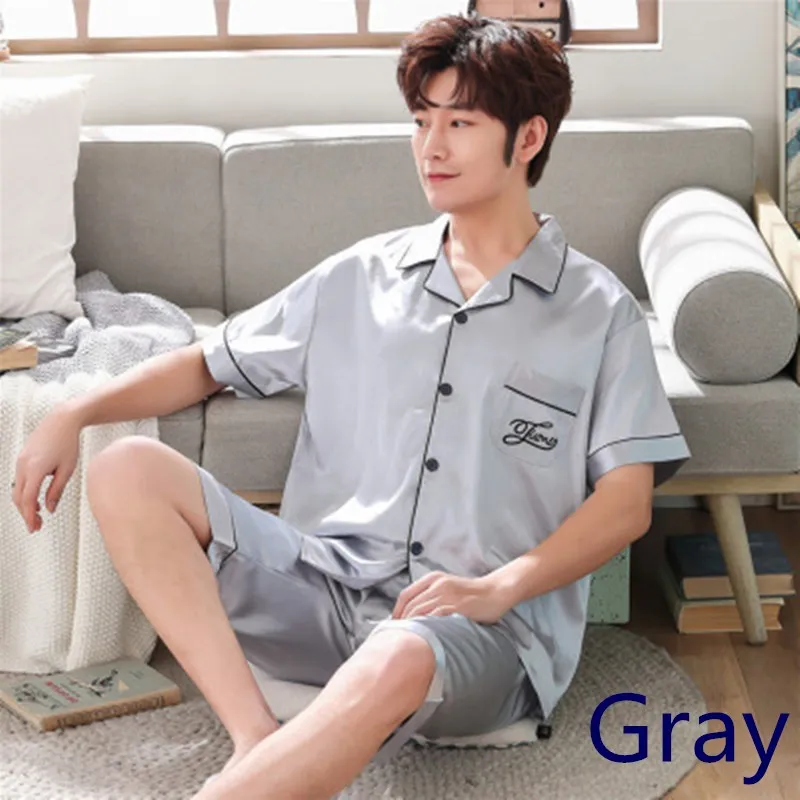 

2020 Men's Stain Silk Pajama Set Summer Homewear pijama hombre verano Short Sleeve Shorts Sexy Man Nightwear Men Pajama Set