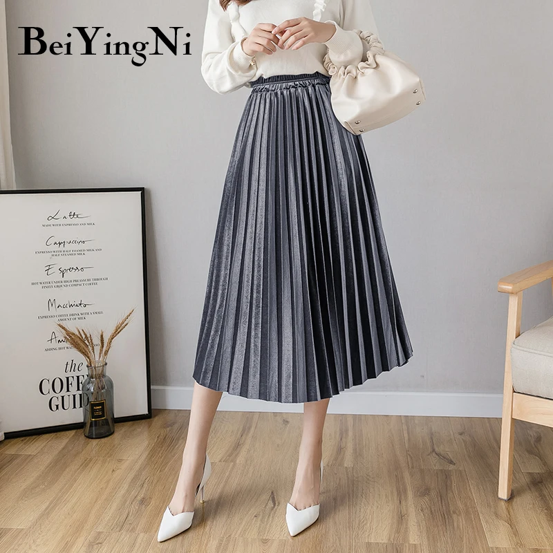 Beiyingni Autumn Winter Gold Velvet Midi Skirt for Woman High Waist Vintage Casual Pleated Skirts Womens Solid 7Colors Warm Saia