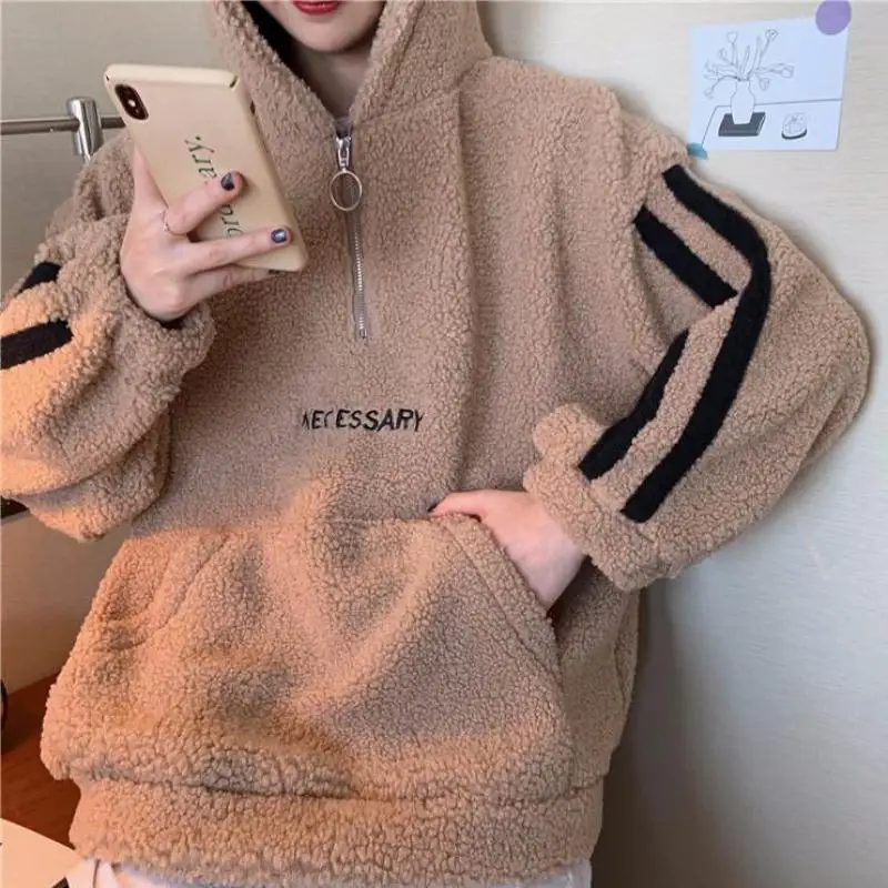 

Europe And America Fashion Zipper Letter Embroidery Harajuku Women's Hoodie Winter Warm Loose Korean Lamb Coat Sweatshirt