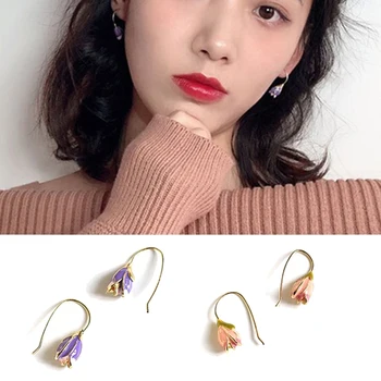 

2020 New Fashion Trendy Restoring Ancient Ways Anti Allergy Tulip Enamel Flower Pendant Women Hook Earrings Valentine Day Gift