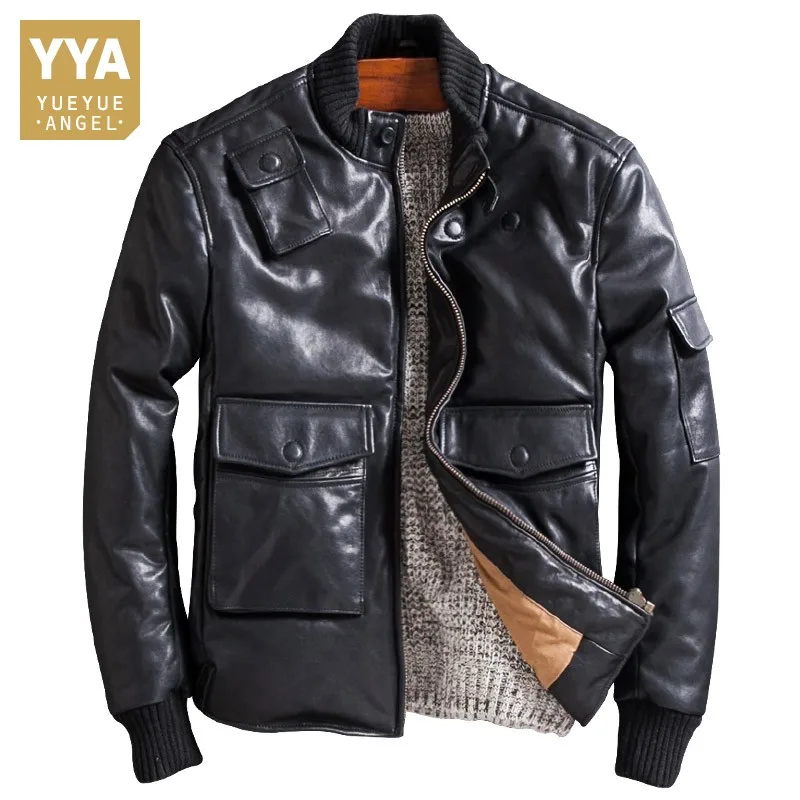 Мужская куртка из подлинной овчины брендовая Повседневная зимняя утепленная пуховая куртка модная уличная черная мотоциклетная куртка из натуральной кожи