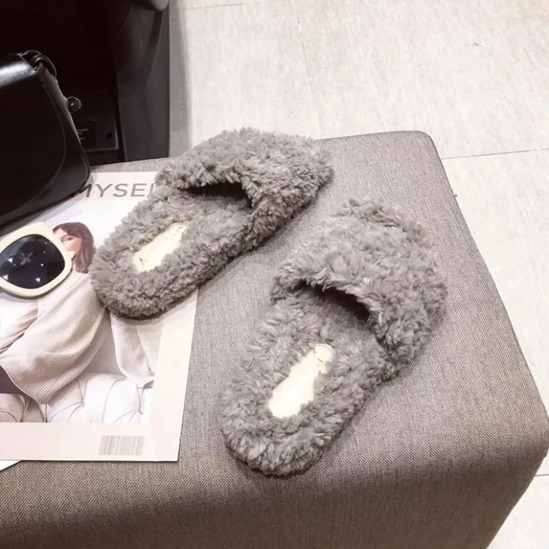 Women's Slippers Flock Slides Shoes Pokemon Plush New Fur Flat Fabric Autumn Basic Rubber Rome Bonded Leather Cotton