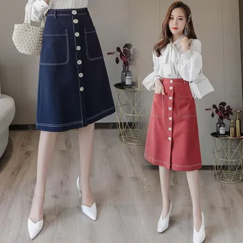 

2020 Autumn Winter New Fashion Contrast Color Line Skirt Mid-Length Single-Breasted Thin A-Line Skirt Temperament Casual Skirt