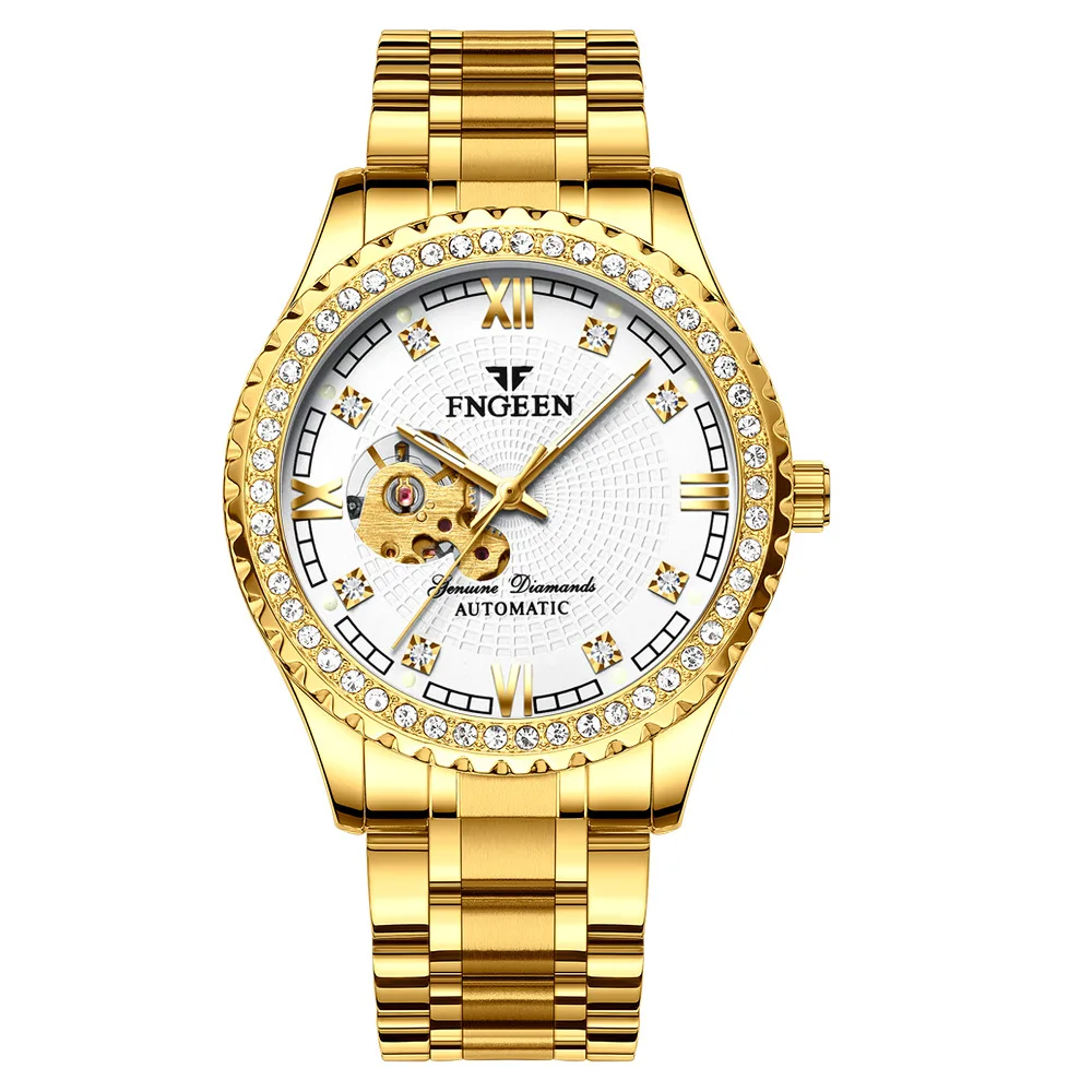 Fngeen, мужские часы, автоматические, механические, водонепроницаемые, с автоматическим заводом, Лидирующий бренд, роскошные, золотые, мужские наручные часы, Relogio Masculino - Цвет: gold white