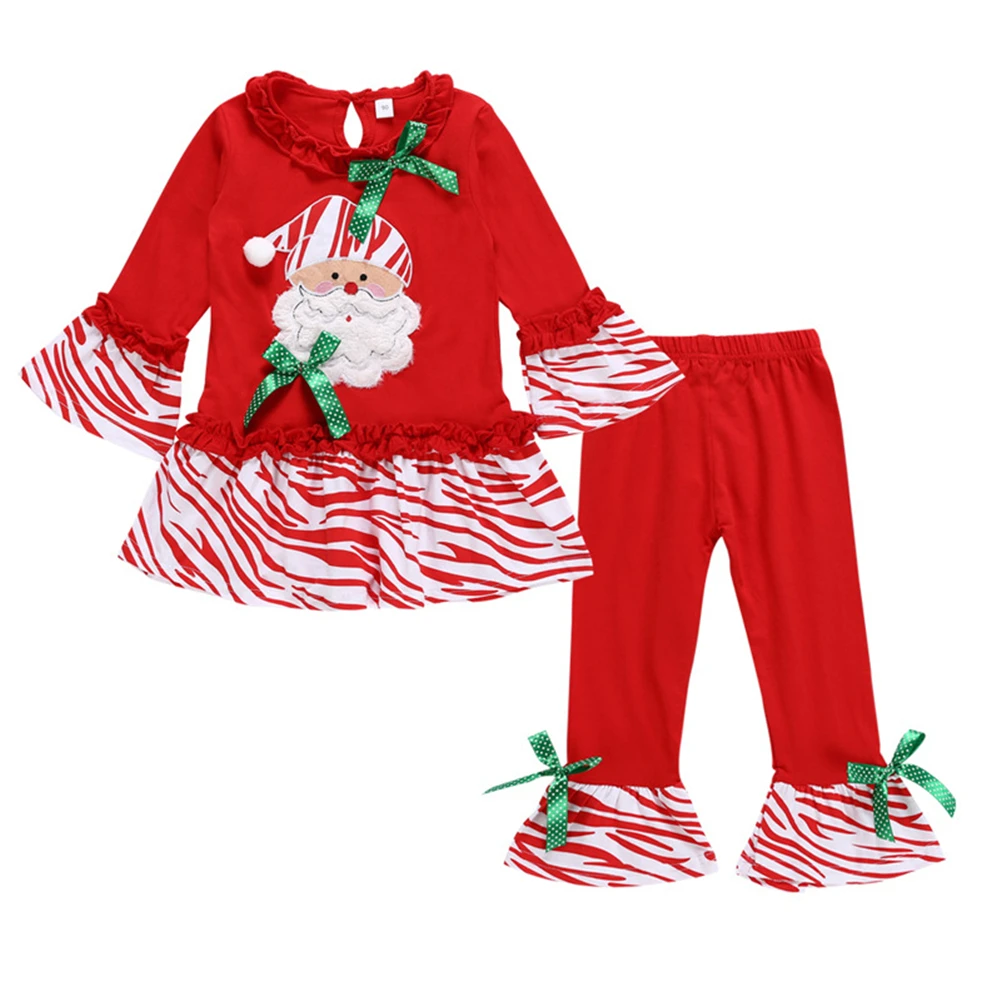 

Mudkingdom Christmas Girl'S Outfit with Bright Red Flared Sleeves T-Shirt Striped Lace Wide-Leg Pants for Autumn/Winter