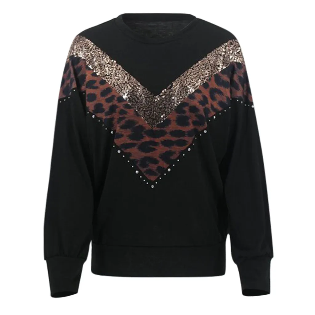 Леопардовая рубашка, женская мода, расшитая блестками, леопардовая вышивка, длинный рукав, круглый вырез, блузка, женские топы, Осень-зима, roupa feminin@ 45