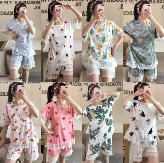 

Summer Korean-style Qmilch Pajamas Women's Sweet Cartoon Cute Lace Short Sleeve Shorts Set Tracksuit Students Women's