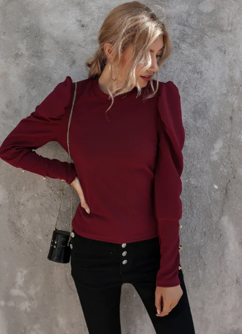 

Women Long Sleeve Solid Color Top Puff Sleeve Round Neck Button T-shirt OL Shirts Outwear