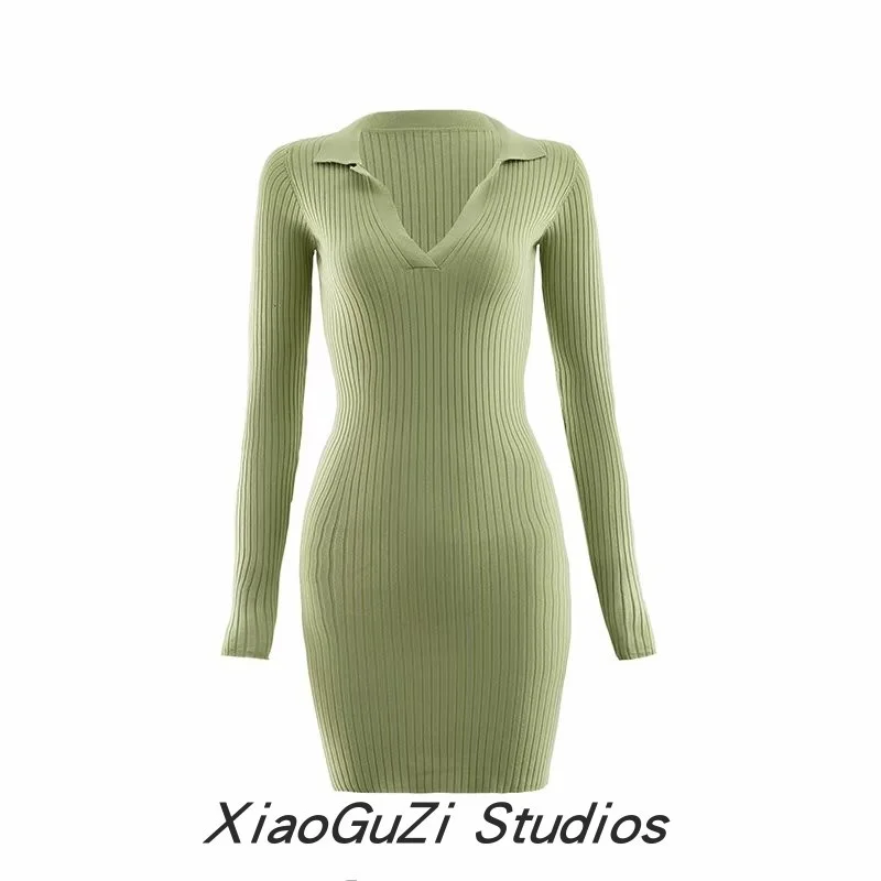 Free Shipping Foreign Trade Exported to Europe and America Ins Long-Sleeved Knitted Sheath Bottom Dress Stretch Tight Polo | Женская