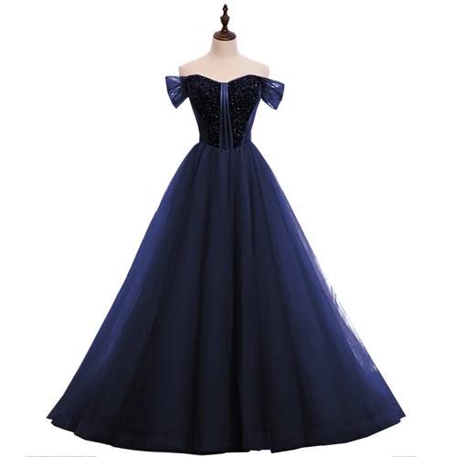 Платье для выпускного вечера дизайн притягательный. Лёгкий прозрачная кисея, тюль бисер v-образным вырезом без рукавов элегантное ТРАПЕЦИЕВИДНОЕ длинное платье для выпускного вечера вечерние женские платья - Цвет: Navy Blue