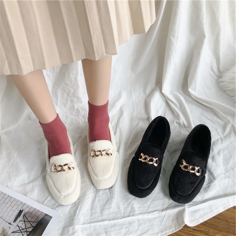 

Shoe Women's 2019 Trendy Shoes Furry Children Versatile Network hong qiu Winter Shoes plus Velvet Daily Life Loafers Solid Color