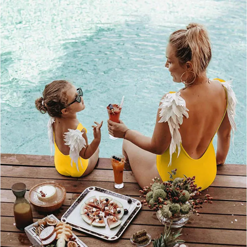 

Swimwear One Piece Swimsuit Mom Baby Bodysuit Parent-child Beach Wear Wing Angel Monokini Swimsuit Backless Bathing Suit Female