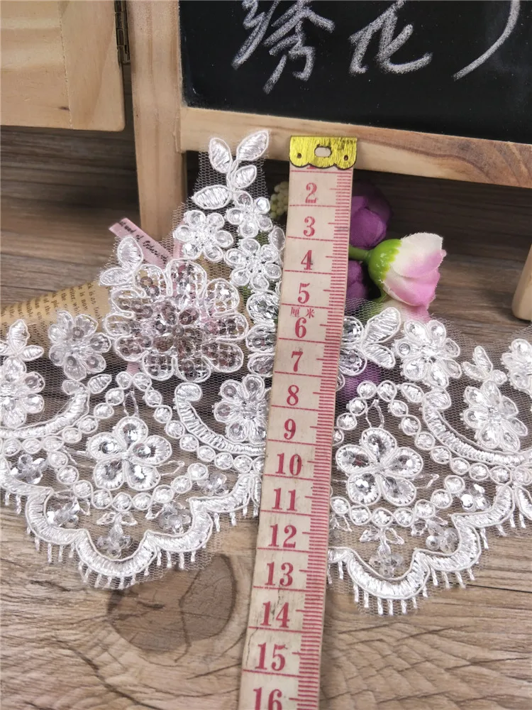 Sequin Cording Fabric Flower Venise Venice Mesh Lace Trim Applique 1Yard/13cm Sewing Craft For Wedding Dec.