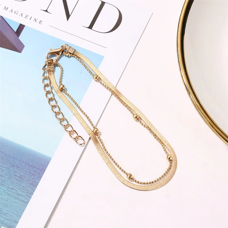 The new foot chain in simple double-layer ballpoint snake bone chain anklet fashion popular style foot decoration