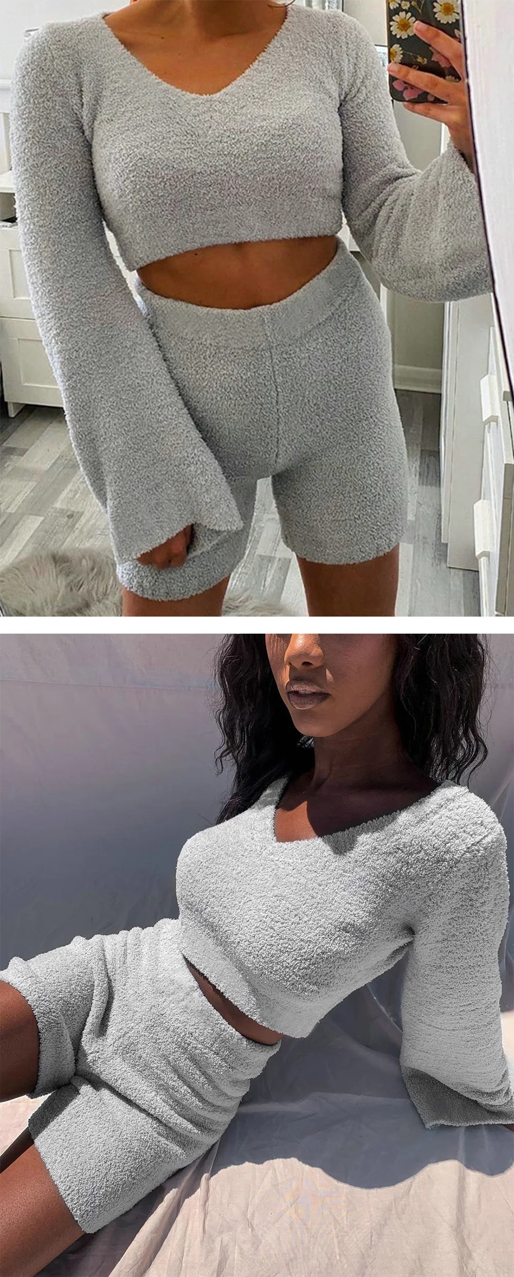 2PCS/Sets Sexy Fluffy Suits Velvet Plush Hooded Sleepwear Shorts+Crop Top Women Tracksuit Casual Sports Set Overalls Sweatshirts