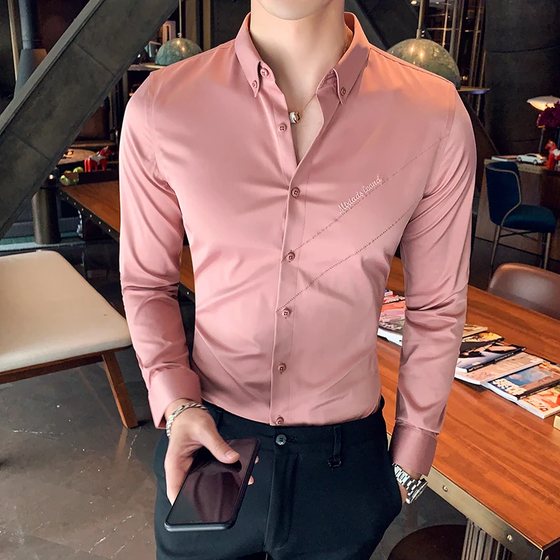 

Fashion pink social shirt 2019 men long sleeve shirt slim tuxedo shirt white Casual shirt new solid color dress shirts for male