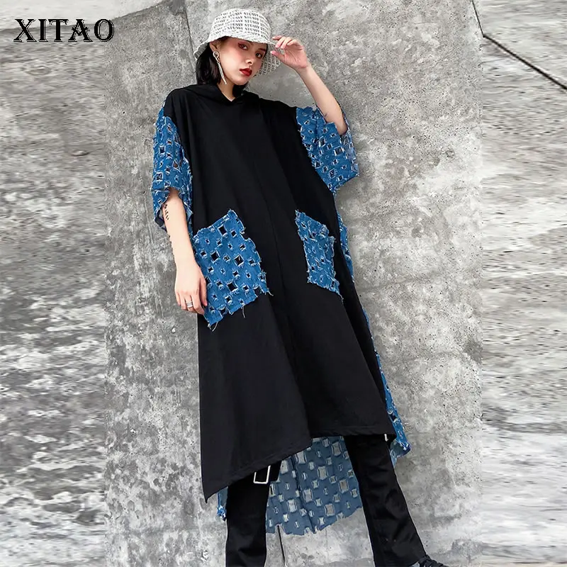 

XITAO Plus Size Patchwork Hollow Out Dress Women Clothes 2020 Summer New Hooded Collar Short Sleeve Loose Elegant Dress ZLL4710