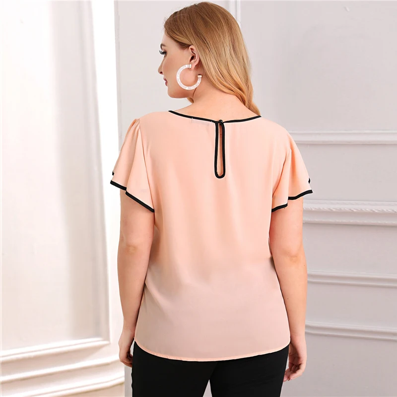 SHEIN/большие размеры, розовая контрастная привязка, рукав-бабочка, Peekaboo, блузка, топ, женская летняя Элегантная блузка с вырезом на спине, большие размеры