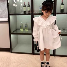 Vestido de princesa de manga larga para niñas, ropa de primavera y otoño con temperamento, costura de Color puro