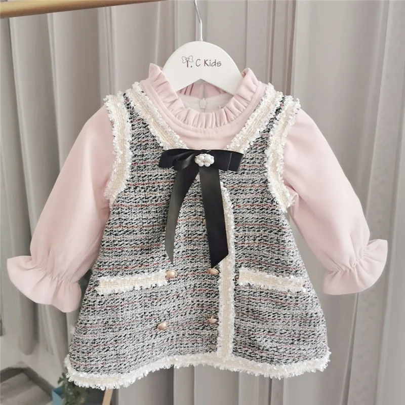 Платье для девочек; зимнее платье с имитацией 2 дизайна; плотное теплое платье для маленьких девочек; бутик детской одежды