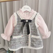 Платье для девочек; зимнее платье с имитацией 2 дизайна; плотное теплое платье для маленьких девочек; бутик детской одежды