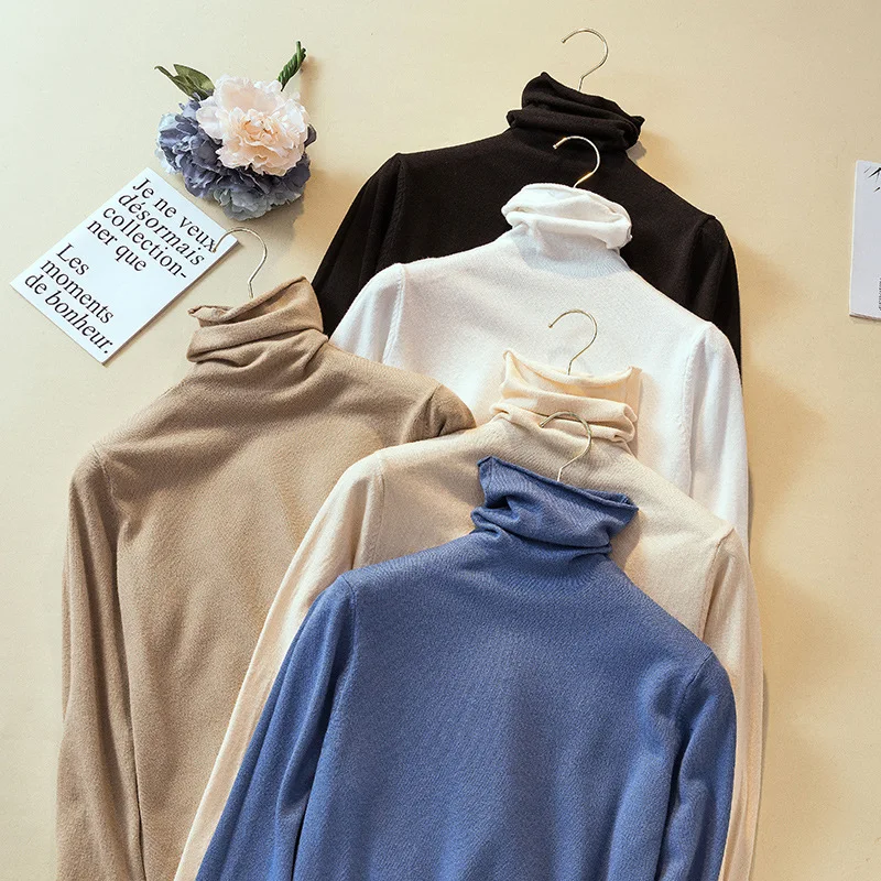 

Fashion Turtleneck Knitted Sweater Women Long Sleeve Thin Solid Black KNit Basic Shirt Casual Knitwear Top PUll Femme