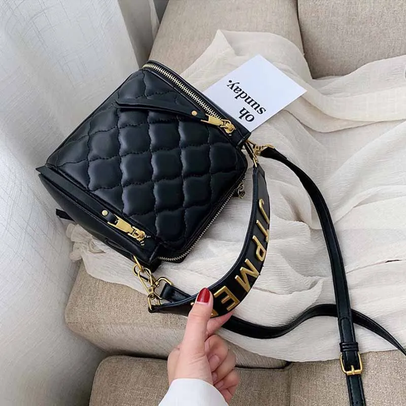 Черный MSGHER Diamond-Shaped Thread Flap Women Bag French Zipper Soft Wild Letters Wristband Classical Shoulder Female Bag WB2775 - Цвет: Черный