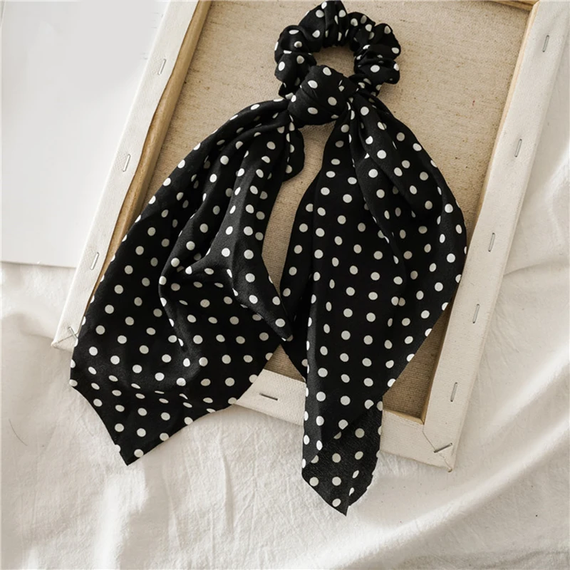 Черный Модные резинки в горошек с бантом, резинки для волос, женские резинки для волос, ленты для Галстуки-ленты, милые аксессуары для волос для девочек - Цвет: Черный