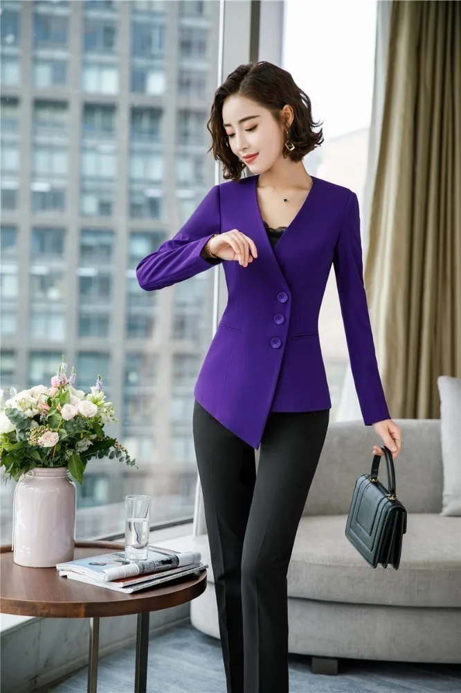 Новинка, фиолетовая униформа, дизайнерские брючные костюмы для женщин, деловая рабочая одежда со штанами и необычным блейзером, пальто