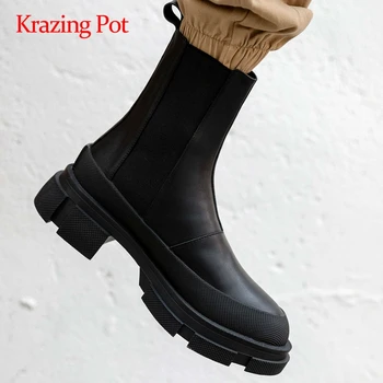 

Krazing pot new stretch boots natural leather patchwork round toe thick med heel slip on pretty girls daily wear ankle boots L79