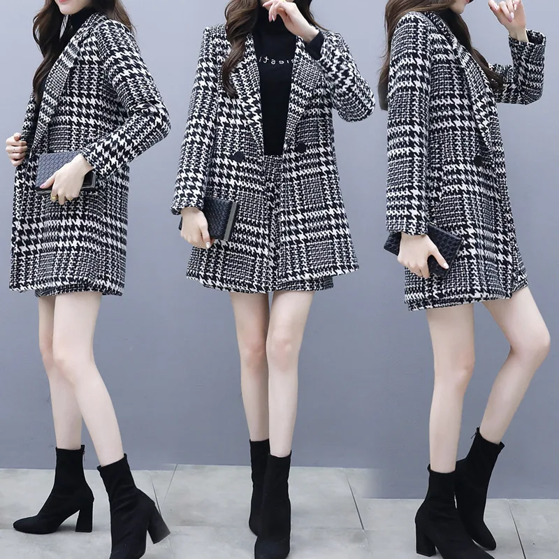 

2019 Spring And Autumn New Style Korean-style Fashion Thousands of Birds Mid-length Woolen Jacket Ride Skirt Skirt WOMEN'S Suit
