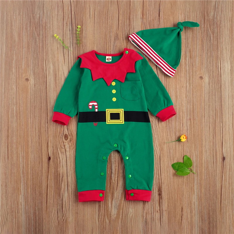 Newborn Baby Elf Costume Long Sleeves Jumpsuit With Hat 2 Pieces Christmas Dress up Outfit Set |
