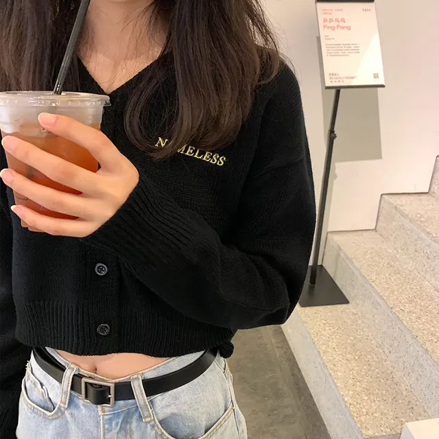 US $16.09 3 colors korean style Women spring Autumn v neck short Cardigan Sweater coat Female Outwear long sl