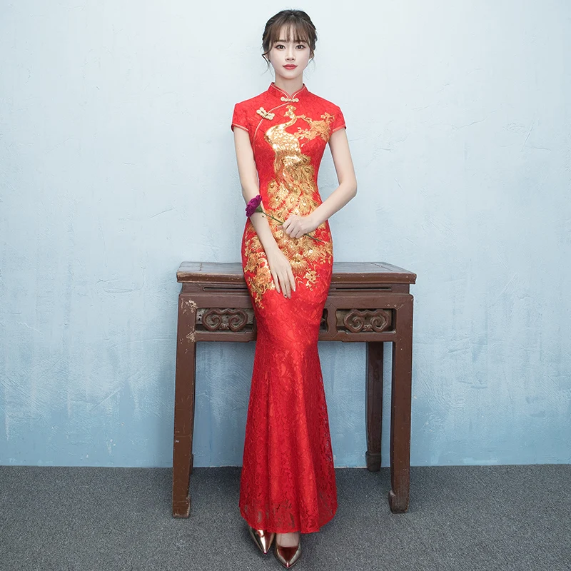 Изысканный женский китайский стиль Ципао Cheongsam сексуальное кружевное Труба Свадебное платье Элегантное Красное длинное платье с блестками Robe De Soiree
