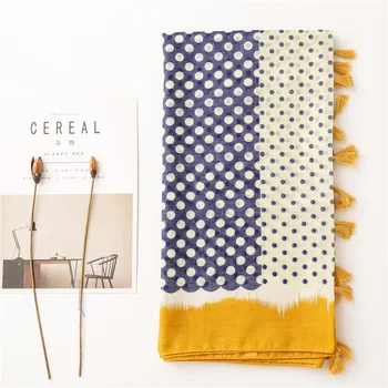 

Luxury scarf for women autumn winter Japanese style vintage yellow beige navy blue dot tassels hijab scarf muffler ladies office