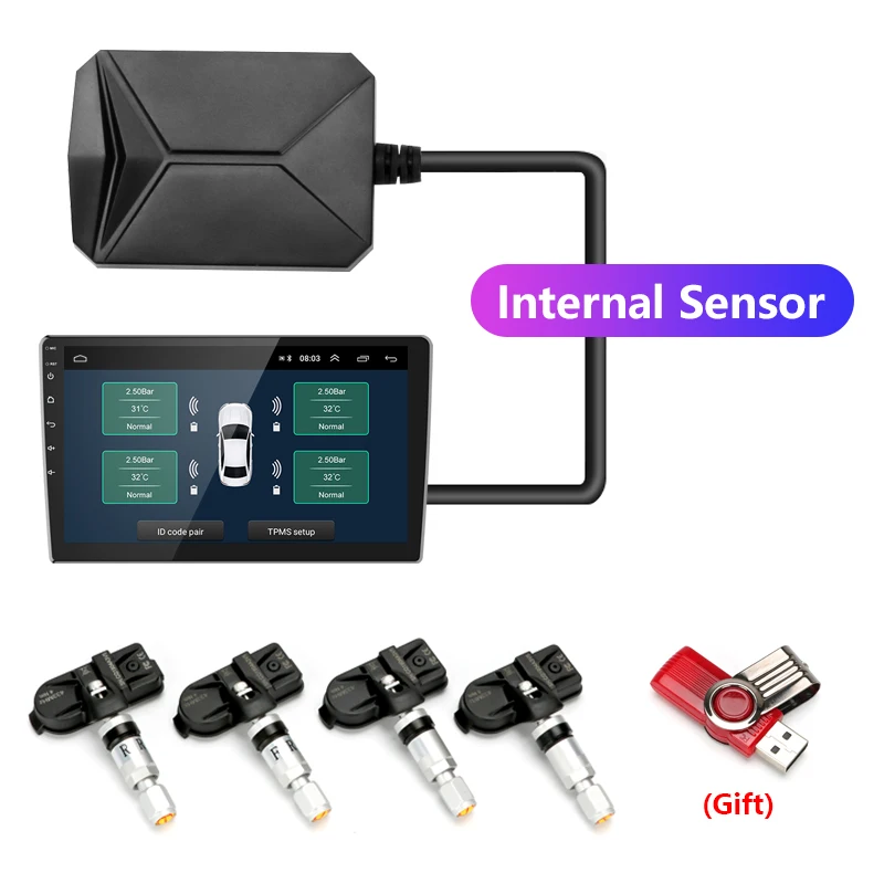 with Built-in sensor USB Android TPMS система контроля давления в шинах 5V внутренний внешний для Android навигация автомобильное радио головное устройство авто аудио - Тип: with Built-in sensor