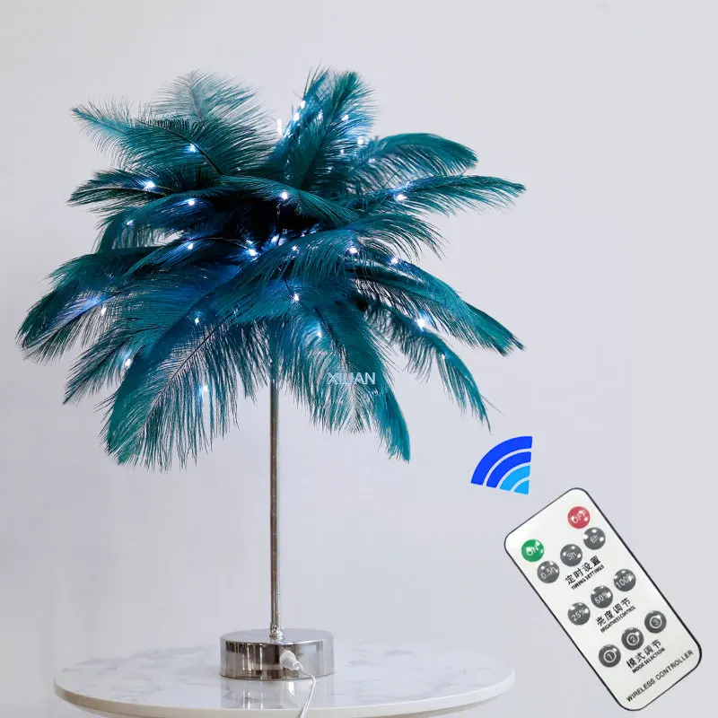 

DIY Ostrich Feather Lamp Remote Control LED Bedside Table Light for Kids Children White Feather Shade Bedroom Night Stand Lamps