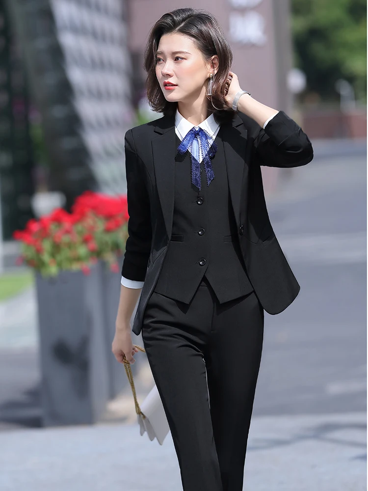 Office Lady 3 Piece Set Women Formal Work Wear Pant Suit Uniform Designs Single Button Black Gray Blazer Jacket Vest and Pant