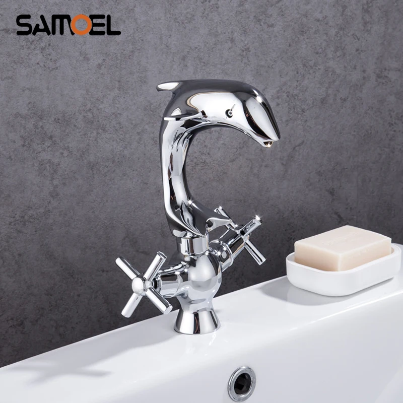 Contemporary Creative Design Brass Lavatory Basin Mixer Faucet Dual Handle Dolphin Shape Hot cold Water Tap 1221C