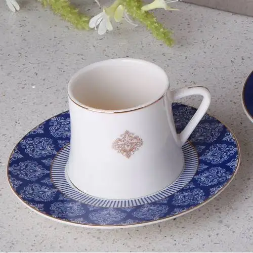Set of 6 Porcelain Turkish Coffee Cups with Gilt Blue Plates (PE-6795) P1 |