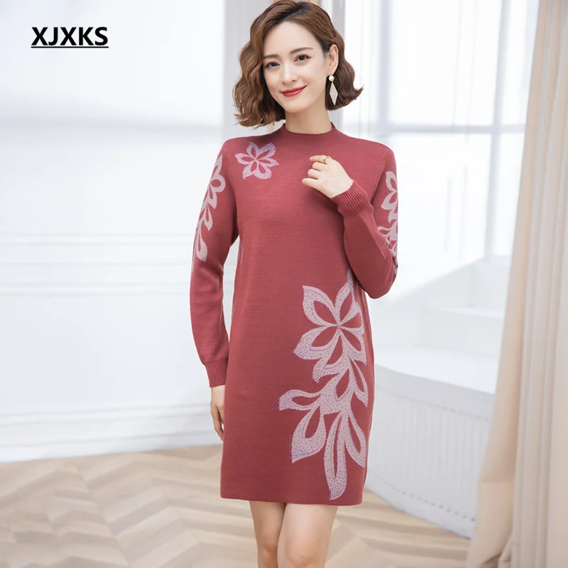 

XJXKS 2022 autumn winter new fashion printed women long sweater with diamond half high neck knitted dress women pullover