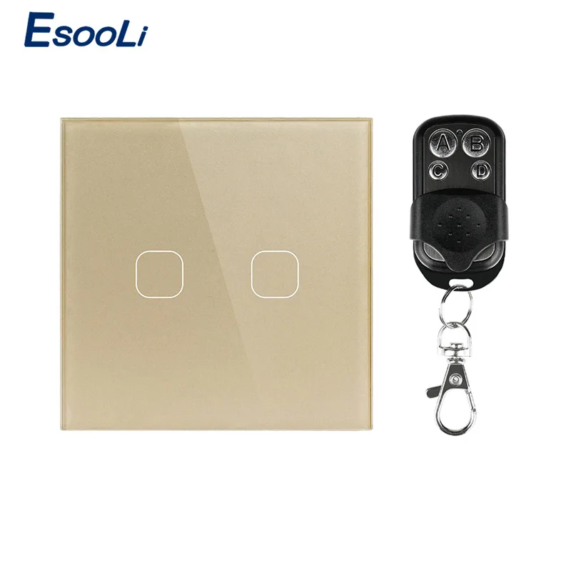 Esooli AC 170~ 240 В стандарт ЕС/Великобритании 2 банды 1 способ дистанционного управления, настенный светильник, дистанционный сенсорный выключатель с мини-пультом дистанционного управления - Цвет: 2 Gang Gold-A