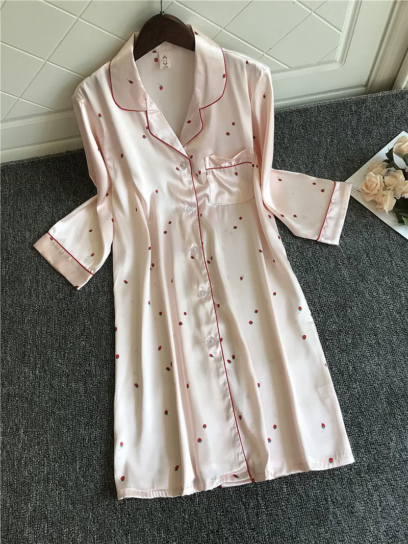 New elegance blue satin silk nightdress women nightgowns Korea sweet pink strawberry long sleeve sleepdress women sleepwear
