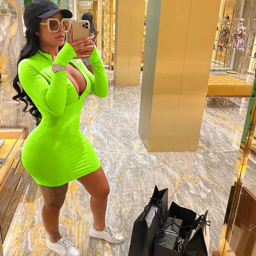 Autumn sporty casual dresses fall clothes for women zipper v neck 