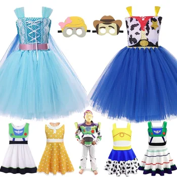 

VOGUEON Woody Bo Peep Tutu Dress with Mask Girls Forky Buzz Lightyear Jessie Fancy Dress Up Halloween Party Costume