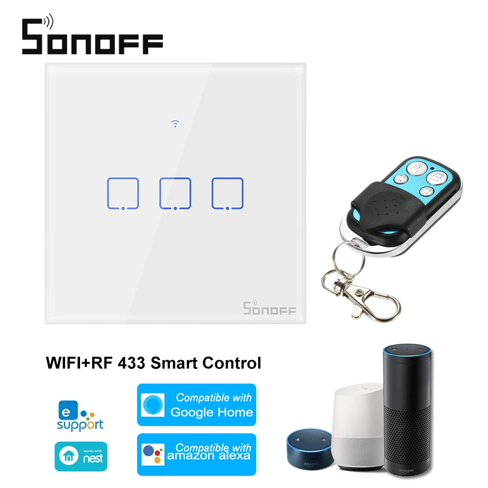Интеллектуальный выключатель света SONOFF Беспроводной настенный сенсорный выключатель света, T1UK TX таймер wifi 1/2/3 переключатель Стекло Панель APP/RF/голосовой пульт дистанционного управления Управление для Alexa