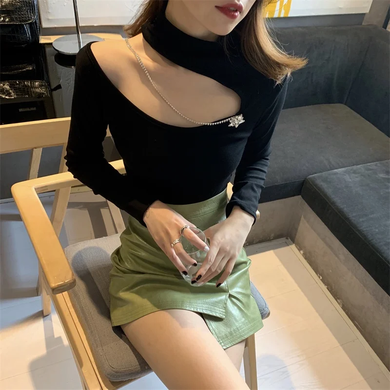 Blusas mujer de moda, однотонная водолазка с открытыми плечами, топ, сексуальный стиль, Весенние футболки с длинными рукавами, женская одежда, футболки