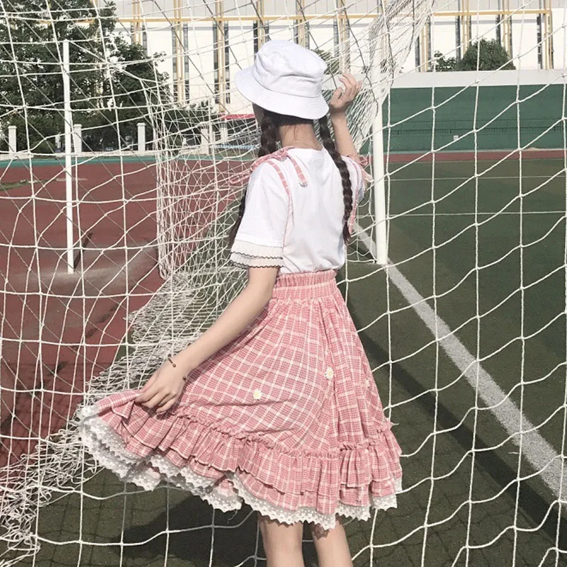 2020 New Japanese Summer Women Plaid High Waist Skirt With Strap Dress Cute Sweet Kawaii 2 Pcs Dress O Collar Plaid Daisy Dress
