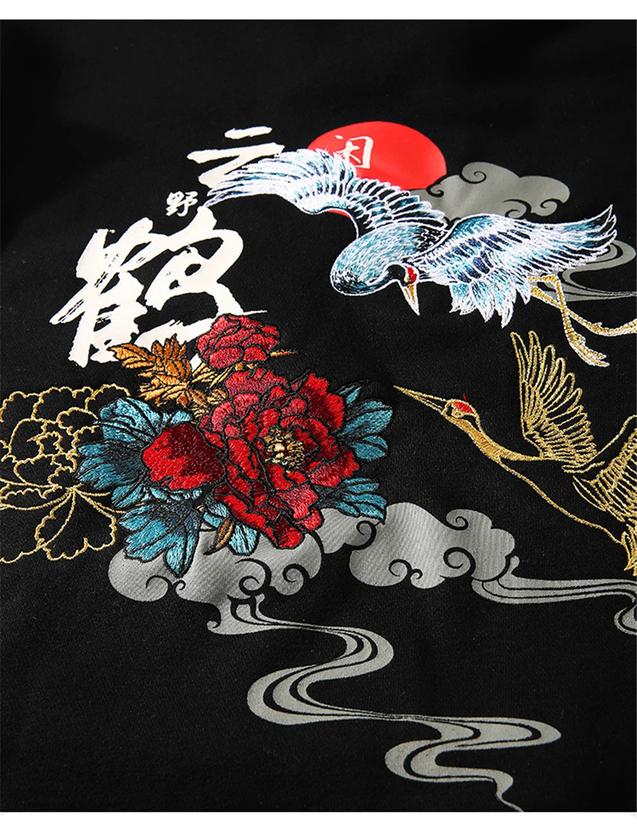 Harajuku Embroidery Crane Rose Hoodies Men Hooded Pullover Sweatshirts Streetwear Hip Hop Casual Black Hoodie Tops WO027