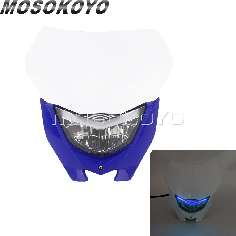 Черный H4 мотокросса передняя фара обтекаемой формы для Yamaha WRF CRF SMR XC WR Kawasaki d-трекер KLX250 S/SF Supermoto MX прочная фара - Цвет: LED Blue White